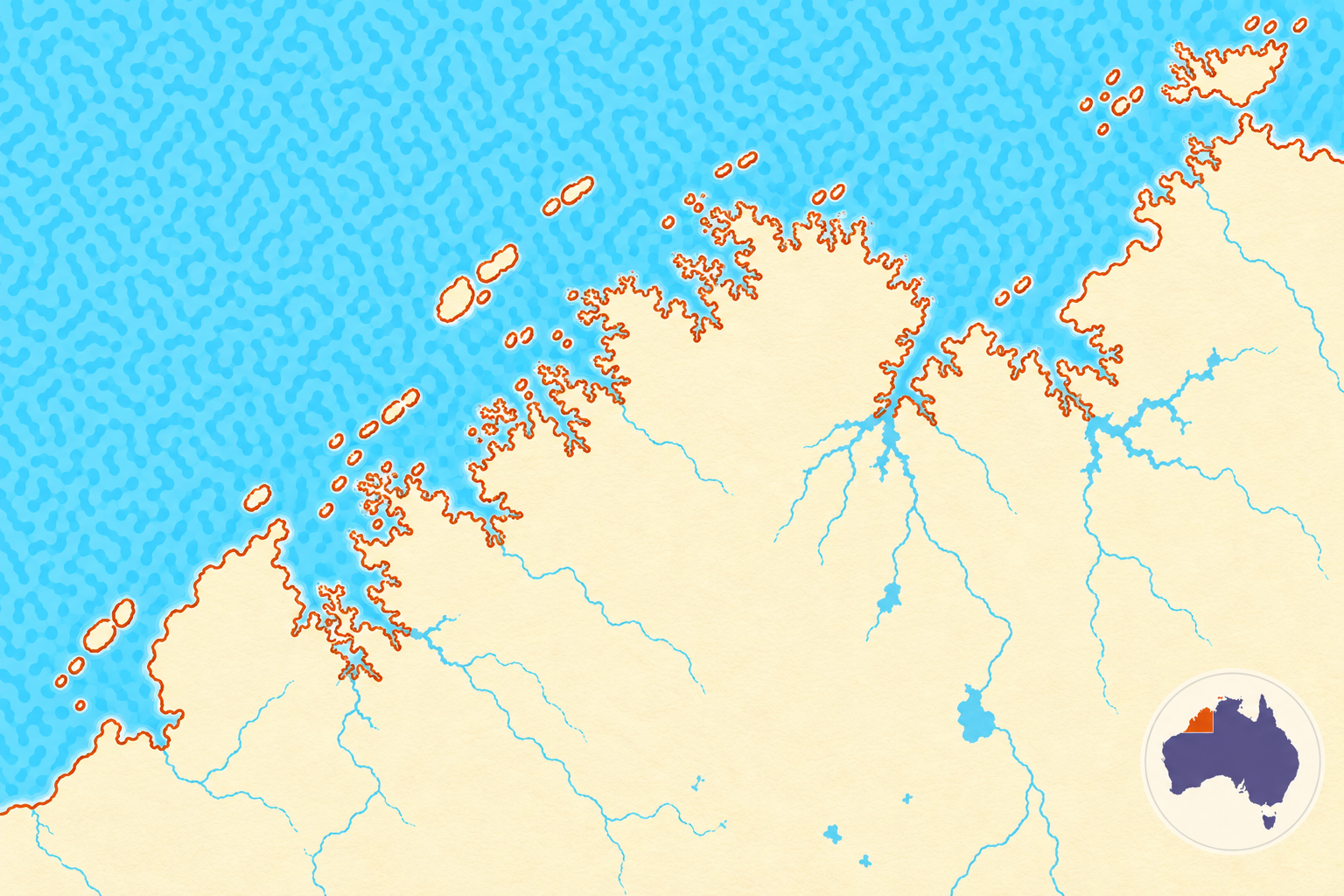 Illustrated map of the Kimberley coast between Broome, Kununurra and the northern Kimberley