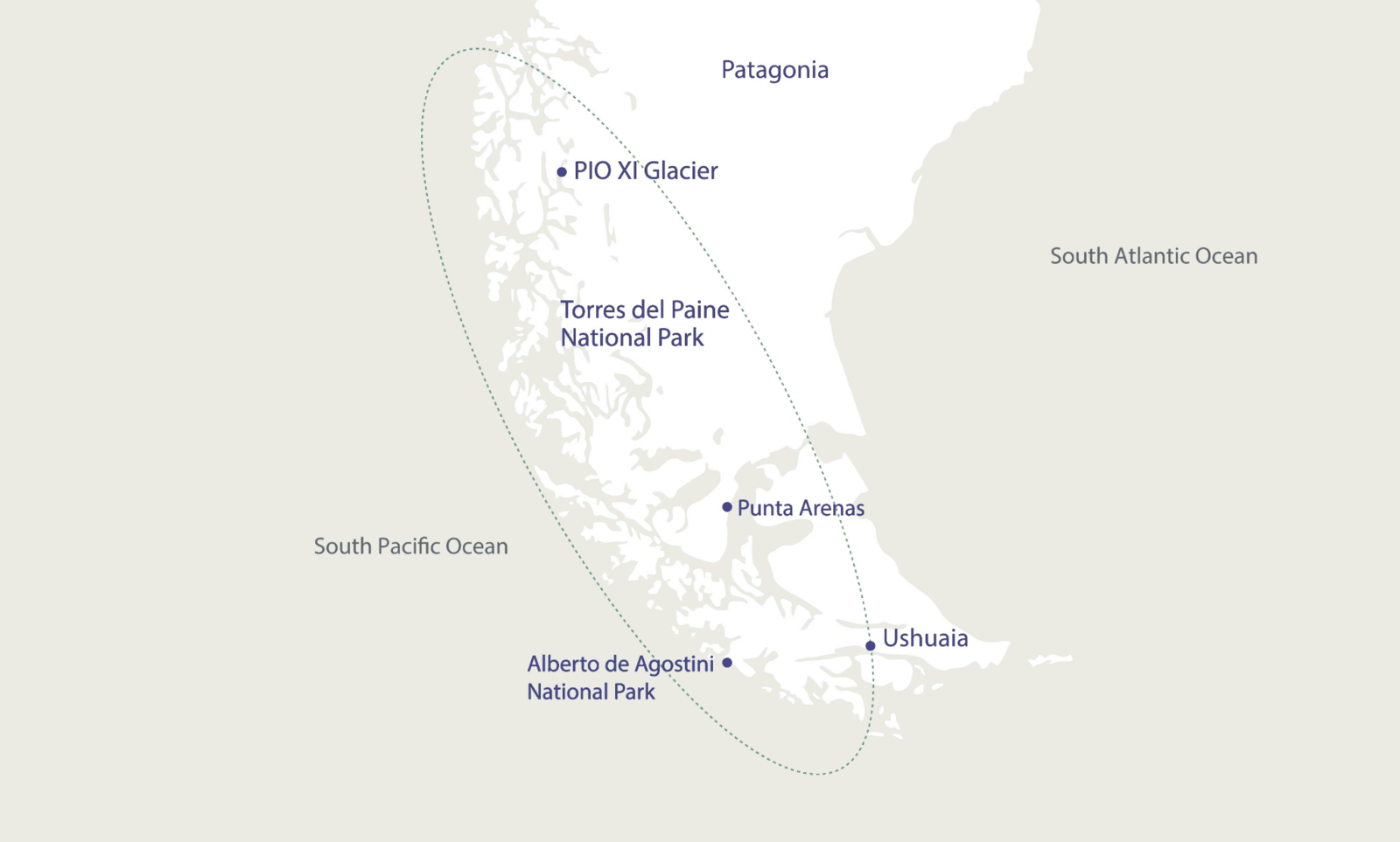 Map showing the expedition route from Ushuaia through the Chilean fjords to Punta Arenas, Torres del Paine and Pio XI Glacier