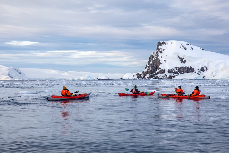 Sea kayaking at Curtis Bay in Antarctica