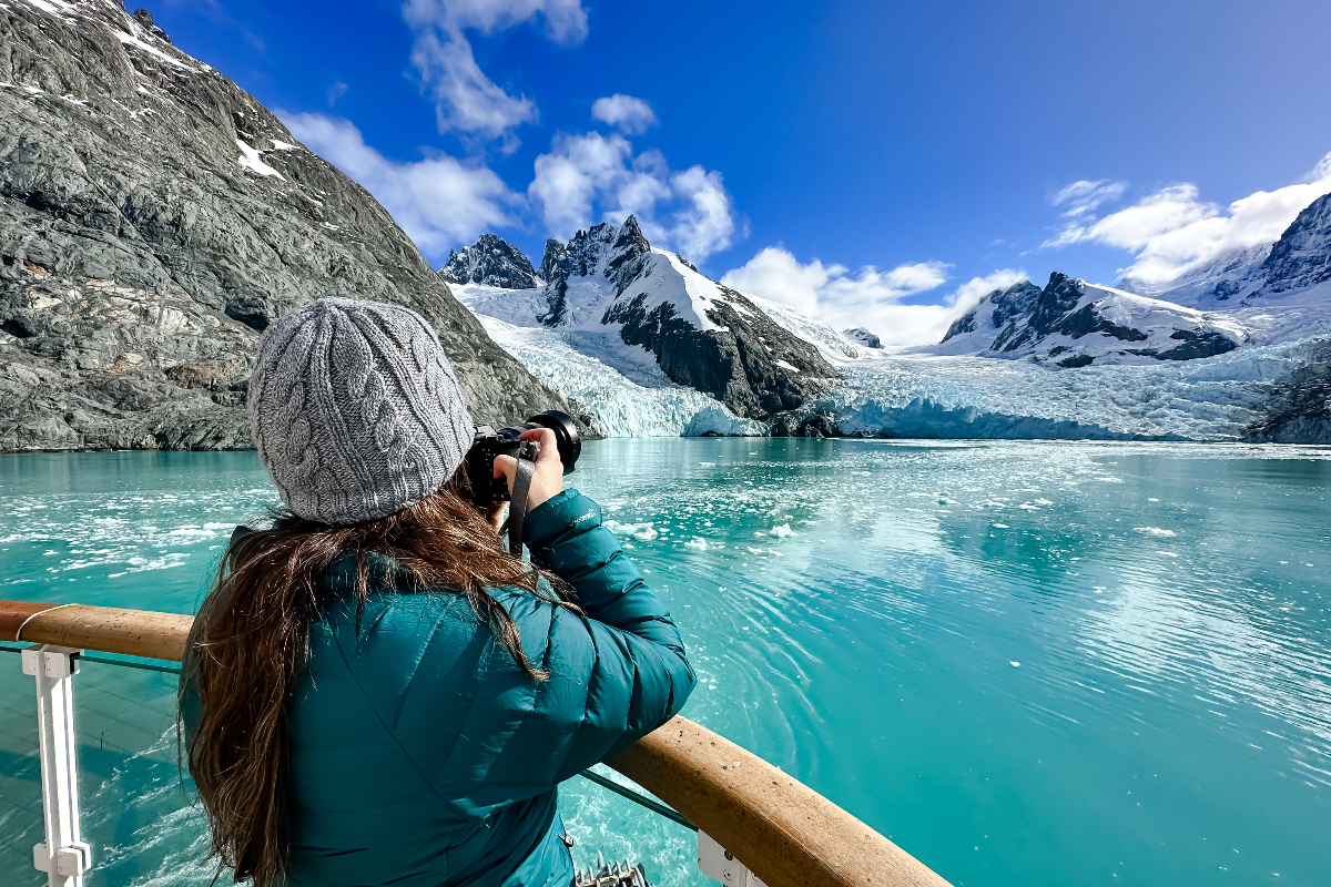 Woman Photographing A Glacier Drygalski Fjord South Georgia